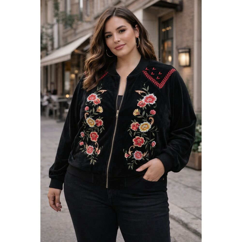 TORRID Black Full Zip Floral Embroidered Bomber Jacket  Women's Plus Size 3